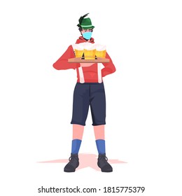 man in medical mask holding beer mugs Oktoberfest party celebration coronavirus quarantine concept guy in german traditional clothes full length vector illustration