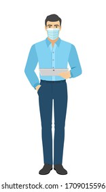 The Man In Medical Mask Holding Digital Tablet PC. Full Length Portrait Of Man In A Flat Style. Vector Illustration.