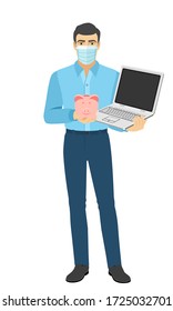 Man in medical mask holding a piggy bank and laptop notebook. Full length portrait of man in a flat style. Vector illustration.
