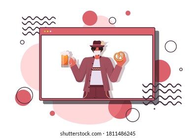 man in medical mask holding salty pretzel and beer mug Oktoberfest party celebration coronavirus quarantine concept web browser window online communication horizontal portrait vector illustration