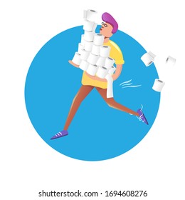 Man with medical mask holding stack of toilet paper. Panic buying concept vector illustration with man holding a lot of toilet paper for self isolation at home.