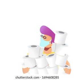 Man with medical mask holding stack of toilet paper. Panic buying concept vector illustration with man holding a lot of toilet paper for self isolation at home.