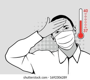 A man in a medical mask holds his hand on his forehead. The medicine. Hospital. A doctor. Temperature.
