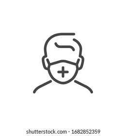 Man in medical mask. Human protection from virus icon. Doctor equipment. Infection safety line symbol. Prevention of the spread of disease. Stop epidemic. Vector illustrator isolated