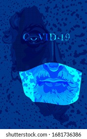 Man in medical mask with inscription Covid-19. Symbol of the fight against coronavirus.Vector illustration