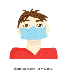 Man in medical mask isolated on white background. Vector illustration in cartoon style. Prevenetion of coronavirus infection spreading through the world. Concept of pandemic, dangerous illness