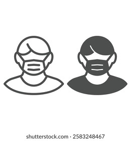 Man with medical mask line and solid icon, disease prevention concept. Vector graphics. Flu virus protection human sign on white background, outline style icon for mobile or web design