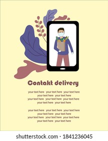 A man in a medical mask makes purchases through the phone. Contactless delivery. Vector illustration.