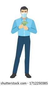 Man in medical mask with money. Full length portrait of man in a flat style. Vector illustration.