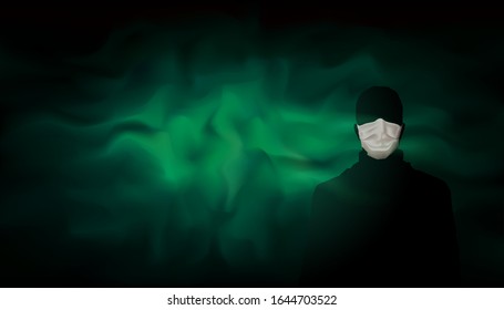 Man with medical mask on background of green blue poisonous dangerous haze, smoke. Spread of the virus, coronavirus, epidemic. Contaminated green fog. Quarantined zone. Masked man. Vector illustration