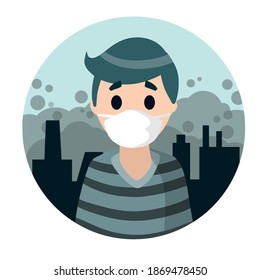 Man with medical mask on face. Protection from stink, smoke and smog.