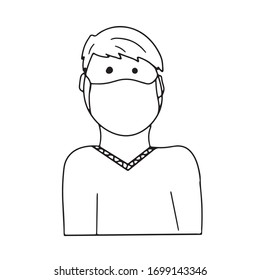 Man in medical mask in outline. Vector illustration in cartoon doodle style. Individual protection complex tool. Quarantine, self isolation, stay home. World coronavirus pandemic problem