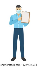 Man in medical mask pointing at a clipboard. Full length portrait of man in a flat style. Vector illustration.