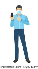 Man in medical mask pointing at a mobile phone.  Full length portrait of man in a flat style. Vector illustration.