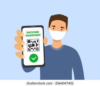 Man in medical mask with qr code, vaccine passport on smartphone screen in hand