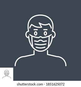 Man with medical mask related vector thin line icon. Isolated on black background. Editable stroke. Vector illustration.