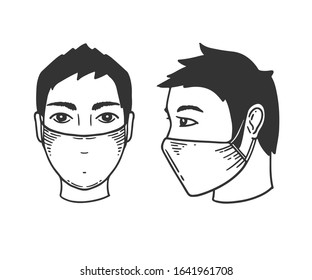 Man in the medical mask. Safe medical mask on the asian man. Chinese coronavirus safety.