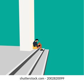 Man in medical mask sitting on stairs outdoor. Unemployment rate growing due pandemic. Fired man. Social distancing and education during pandemic concept