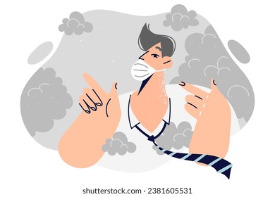 Man in medical mask stands among smoke, suffering from harmful emissions from toxic city enterprises. Guy reminds about air pollution and emissions harmful to ecology and environment