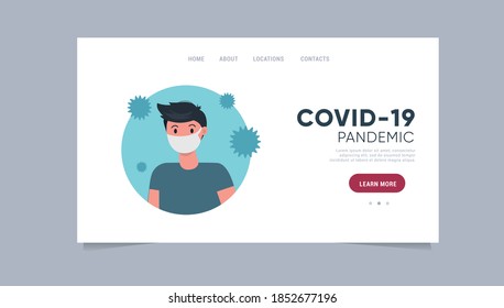 Man in medical mask surrounded by viruses. Coronavirus pandemic website template. Flat vector illustration.