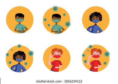 A man in a medical mask surrounded by viruses. Child, boy, girl. Sticker, icon, story. Flat vector illustration.