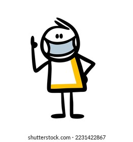 A man in a medical mask tells us the importance of protecting health.  Vector illustration of stickman points his finger up and tells something right.