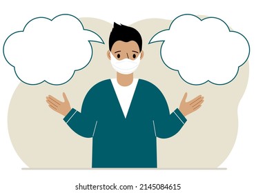 A man with a medical mask is trying to make the right decision. Left and right are empty bubbles. Comparison of the two solutions. Vector flat illustration