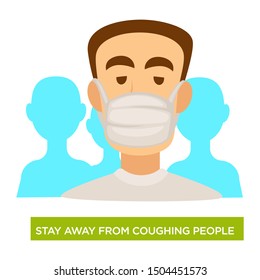 Man In Medical Mask, Tuberculosis Preventive Measure, Stay Away From Coughing People Isolated Icon Vector. Protecting Lungs From Illnesses And Dust Breathing. Medicine And Healthcare, Health Security