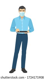 Man in medical mask using a digital tablet. Full length portrait of man in a flat style. Vector illustration.