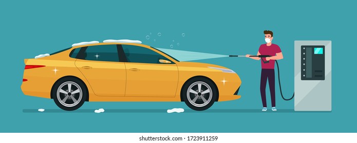 A man in medical mask washes a car in a self-service car wash. Vector illustration.