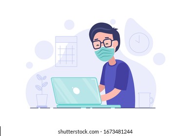 Man in medical mask working on his laptop. Office worker works on quarantine at home to avoid disease. Freelancer or remote worker concept. Vector illustration isolated on white background.