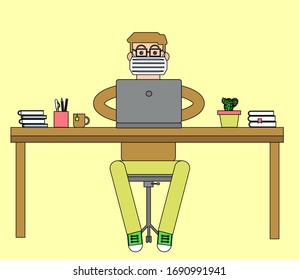 A man in a medical mask works on a computer. Remote work. Vector illustration.