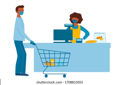 Man in medical masks and gloves doing shopping in supermarket. Quarantine coronavirus 2019-nCoV in the store. Epidemic Precautions