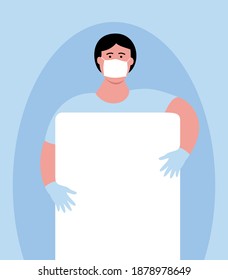 Man medical professional in mask and gloves with blank sheet poster. Fighting coronavirus. Flat style art vector illustration. Post your own text template.