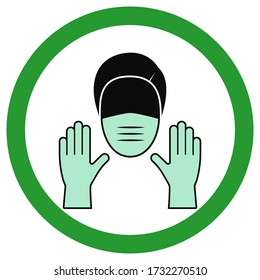 A man in a medical protective mask and gloves in a green circle. Vector stock icon on a transparent background. Concept of prevention of the spread of coronavirus (COVID-19)