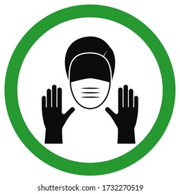 A man in a medical protective mask and gloves in a green circle. Vector stock icon on a transparent background. Concept of prevention of the spread of coronavirus (COVID-19)