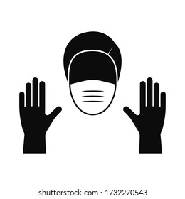 A man in a medical protective mask and gloves. Vector stock icon on a white background. Concept of prevention of the spread of coronavirus (COVID-19)