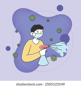 Man in medical protective masks cleaning room with sanitizers. Coronavirus spread prevention. Vector illustration for sanitizing, virus, protection, hygiene concept