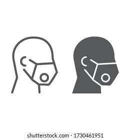 Man in medical respirator mask line and glyph icon, covid-19 and protection, medical mask sign vector graphics, a linear icon on a white background