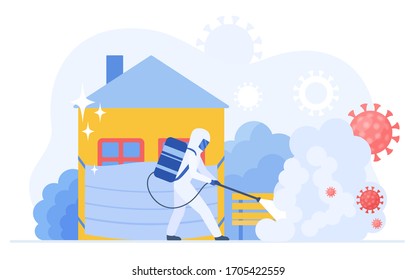 Man medical scientist in full hazmat suit disinfecting city street due to coronavirus pandemic flat vector illustration. Corona virus cleaning and disinfection service. Epidemic covid-19 concept