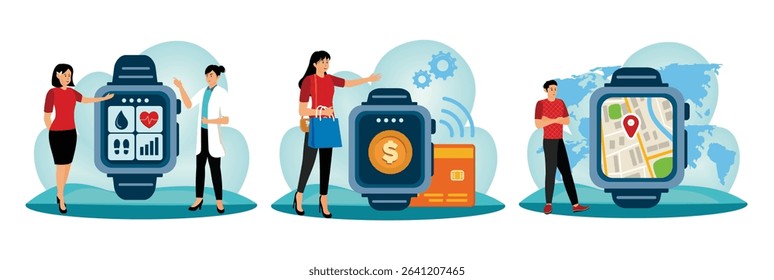 Man in medical uniform and woman near smart watches with health indicators. Hi-tech electronic device with app for payment, financial transaction. Man checks his navigation route on his smart watch. 