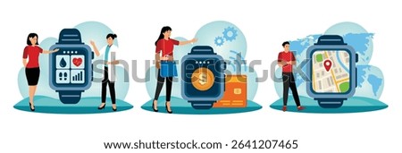 Man in medical uniform and woman near smart watches with health indicators. Hi-tech electronic device with app for payment, financial transaction. Man checks his navigation route on his smart watch. 