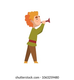 Man in medieval clothes blowing trumpet vector Illustration on a white background