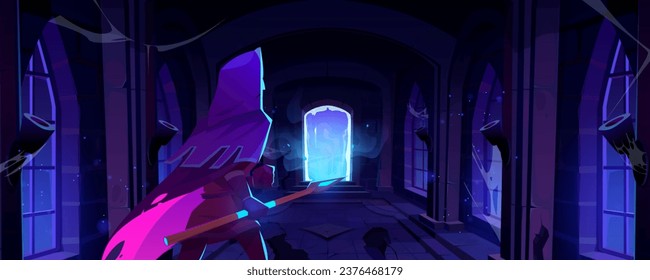 Man in medieval costume with spear in dark old abandoned castle or dungeon with stone walls and door with mystical blue neon glowing portal. Cartoon vector warrior and magic door in spooky hallway.