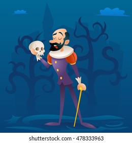 Man medieval suit tragic actor theater stage retro cartoon character vector illustration