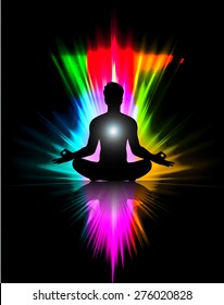 man meditate abstract background with blurred magic neon colorful light rays. yoga.