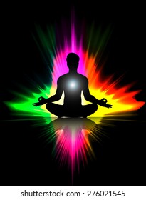 man meditate abstract background with blurred magic neon colorful light rays. yoga.