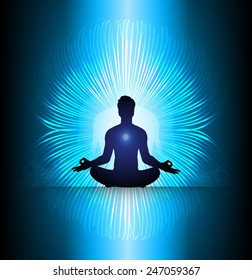 man meditate abstract dark blue radius background, yoga.