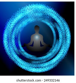 man meditate abstract dark blue radius background, yoga.