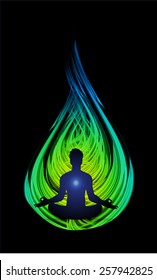 man meditate abstract dark blue yellow fire background, yoga.